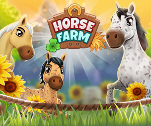 Horse Farm Teaser Grafi Auf einer grünen Koppel stehen drei Pferde - ein weißer Schimmel, eine hellbraune Stute und ein kleines braunes Fohlen.